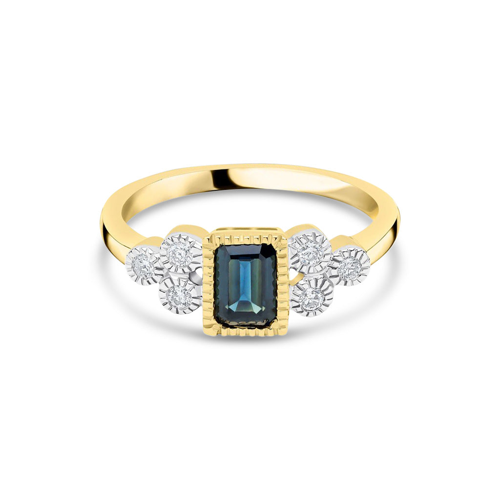 9ct Yellow Gold Octagonal Emerald Cut Natural Blue Sapphire and Diamond Millegrain Trefoil Ring — 6x4mm