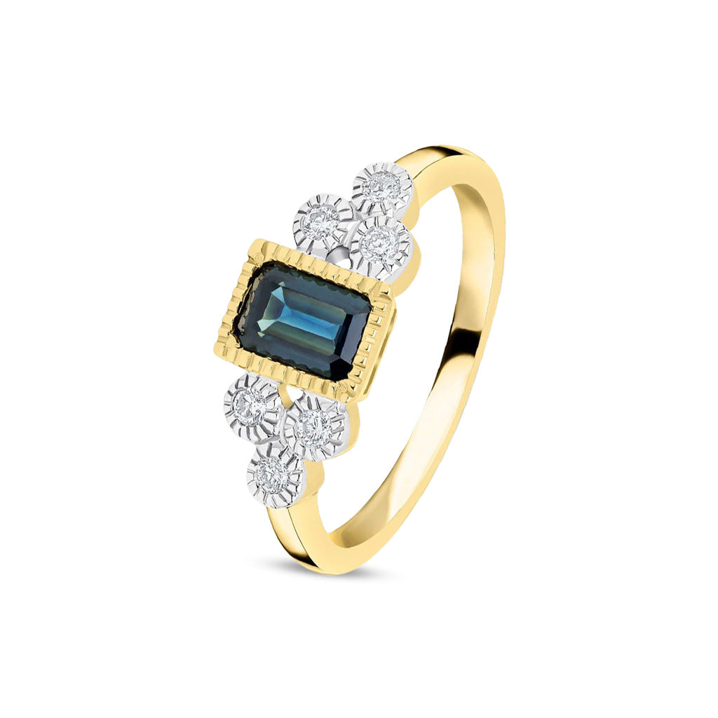 9ct Yellow Gold Octagonal Emerald Cut Natural Blue Sapphire and Diamond Millegrain Trefoil Ring — 6x4mm