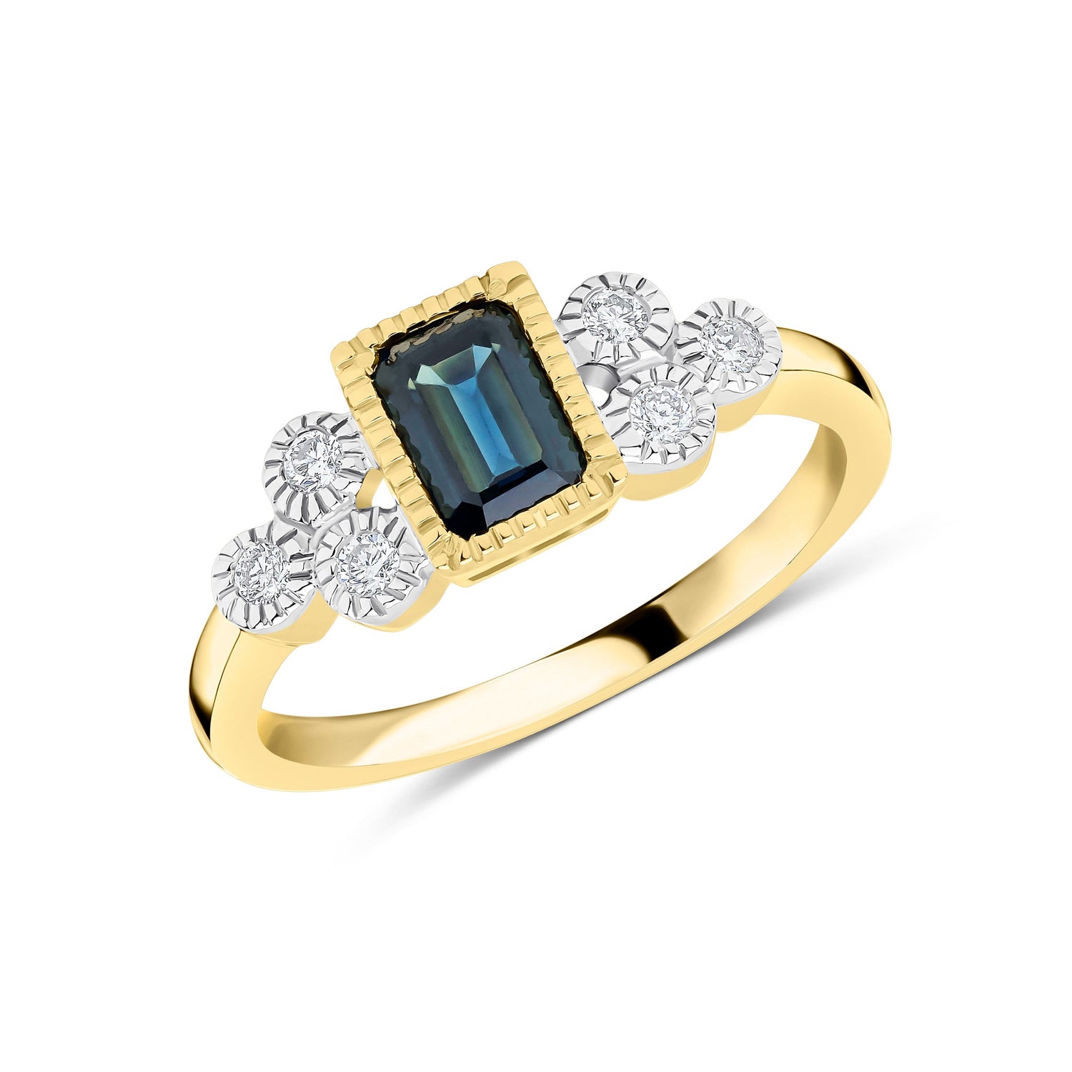 9ct Yellow Gold Octagonal Emerald Cut Natural Blue Sapphire and Diamond Millegrain Trefoil Ring — 6x4mm