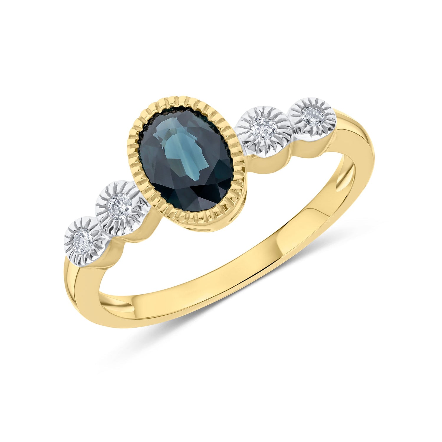 9ct Yellow Gold Oval Natural Sapphire with Millegrain Diamond Two Stone Shoulders — 7x5mm