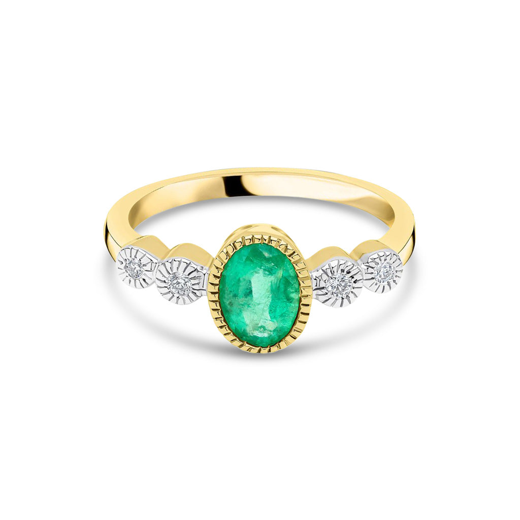 9ct Yellow Gold Oval Natural Emerald and Diamond Millegrain Ring — 7x5mm
