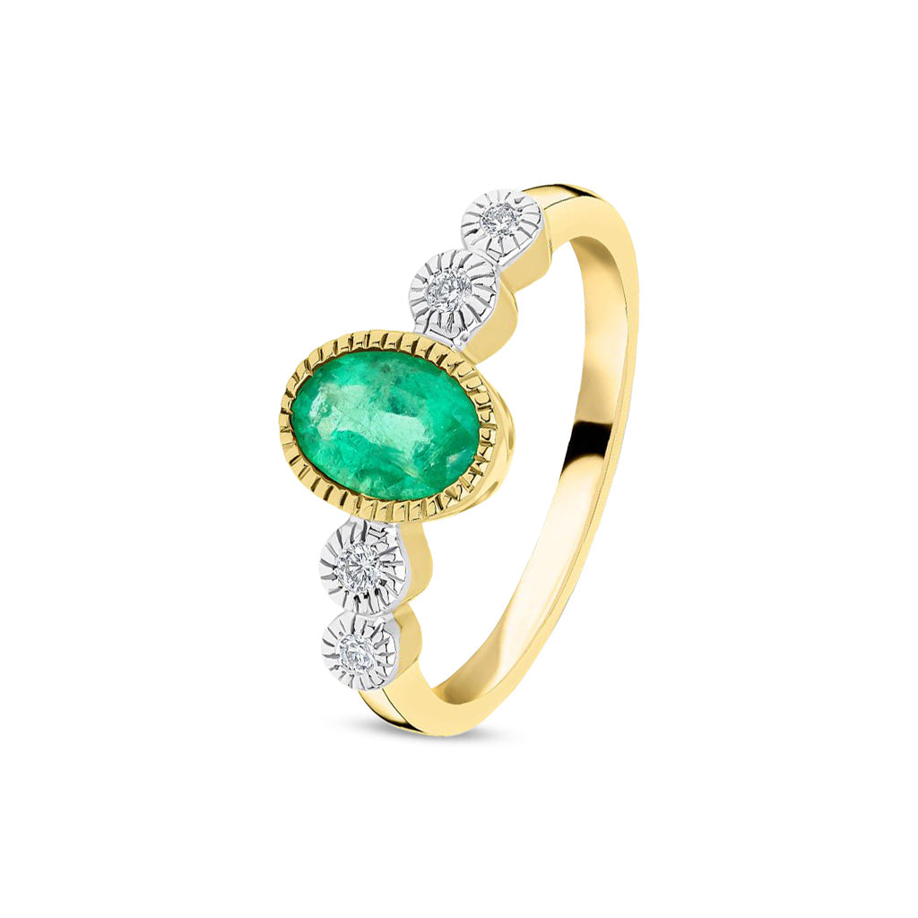 9ct Yellow Gold Oval Natural Emerald and Diamond Millegrain Ring — 7x5mm