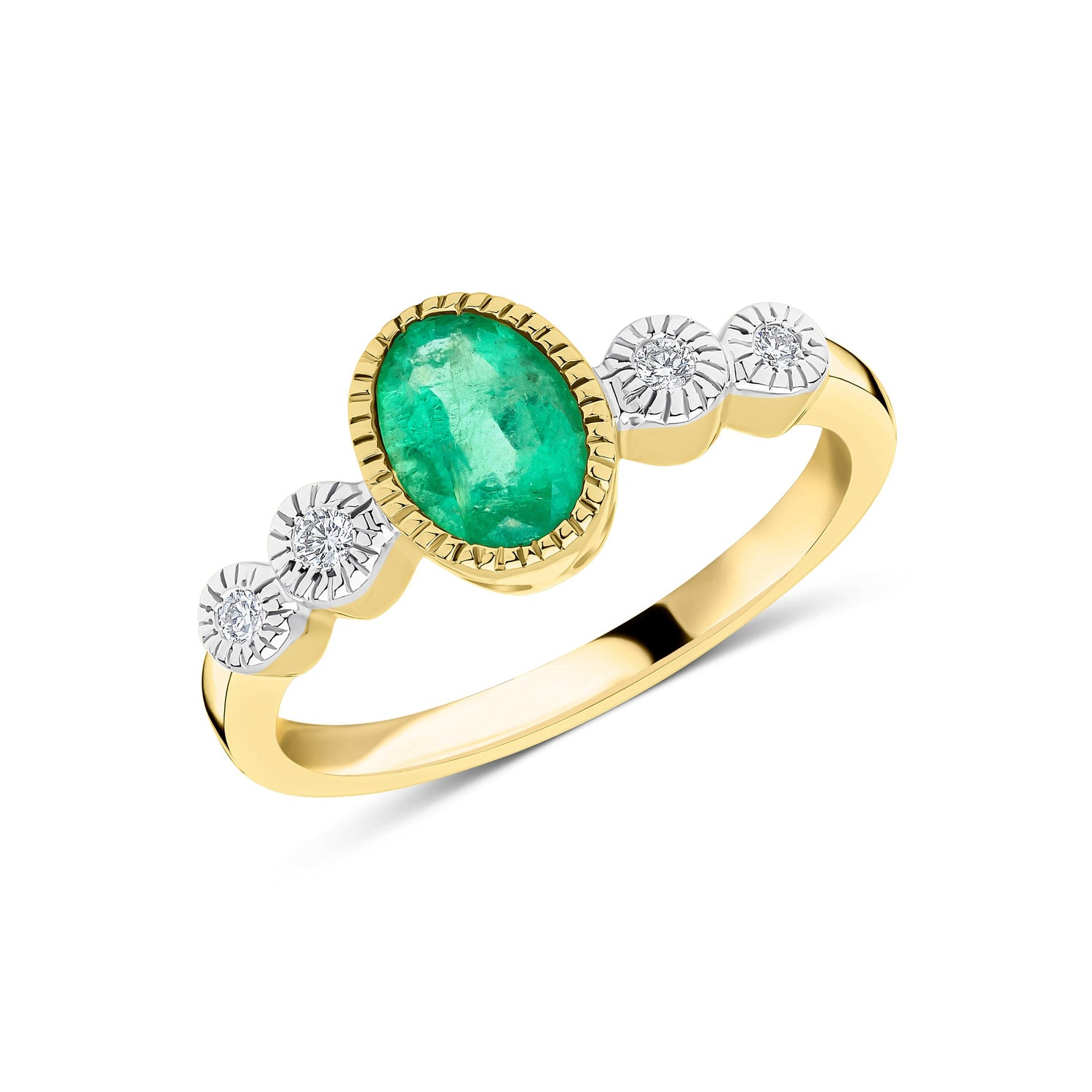 9ct Yellow Gold Oval Natural Emerald and Diamond Millegrain Ring — 7x5mm