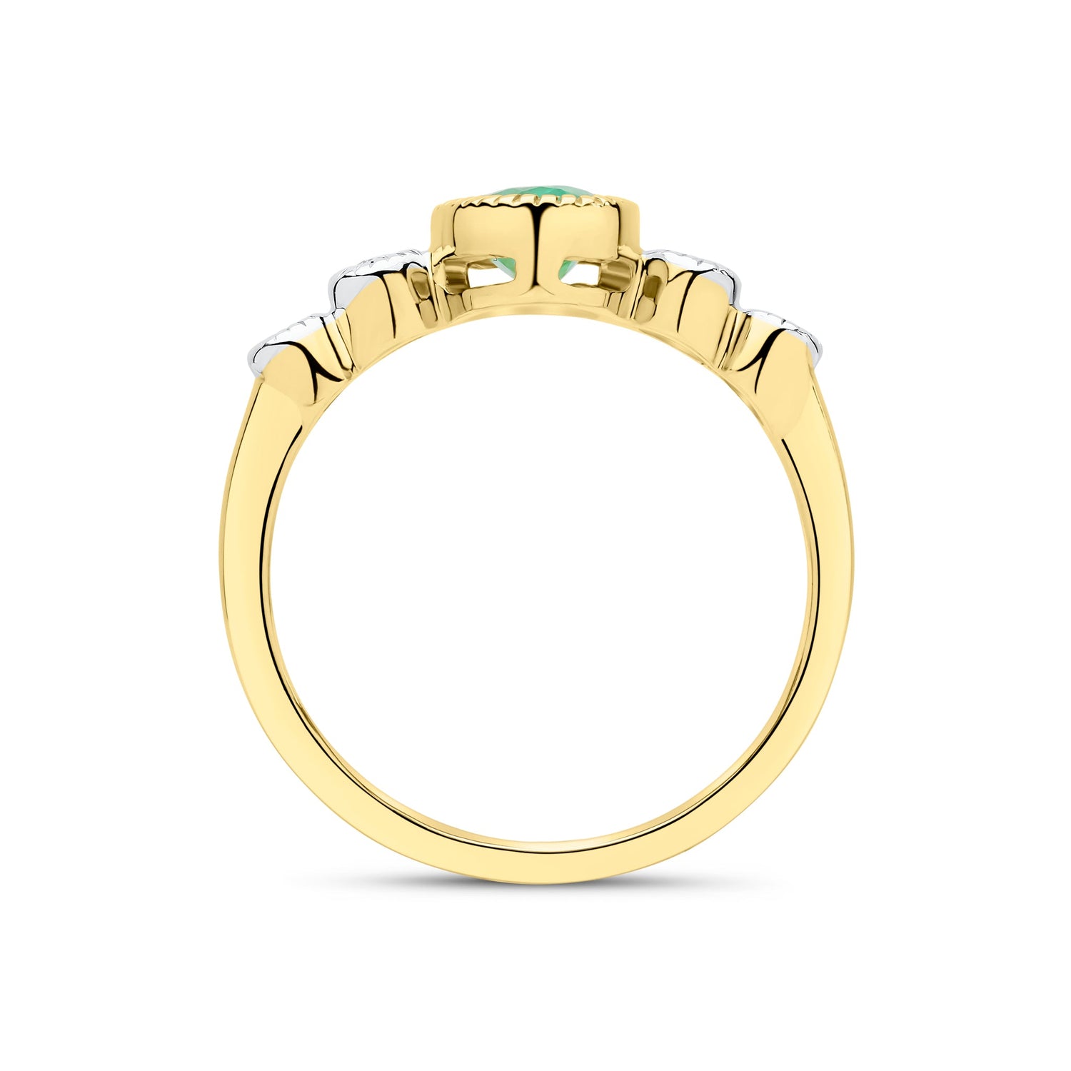 9ct Yellow Gold Oval Natural Emerald and Diamond Millegrain Ring — 7x5mm