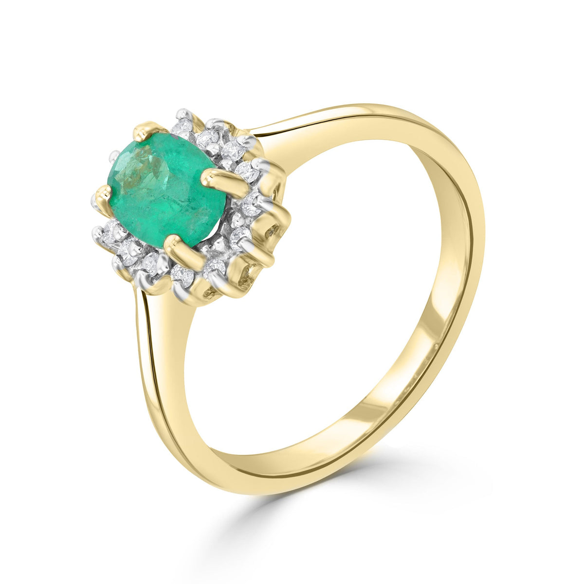 9ct Yellow Gold Oval Natural Emerald and Diamond Claw Set Cluster Ring — 7x5mm