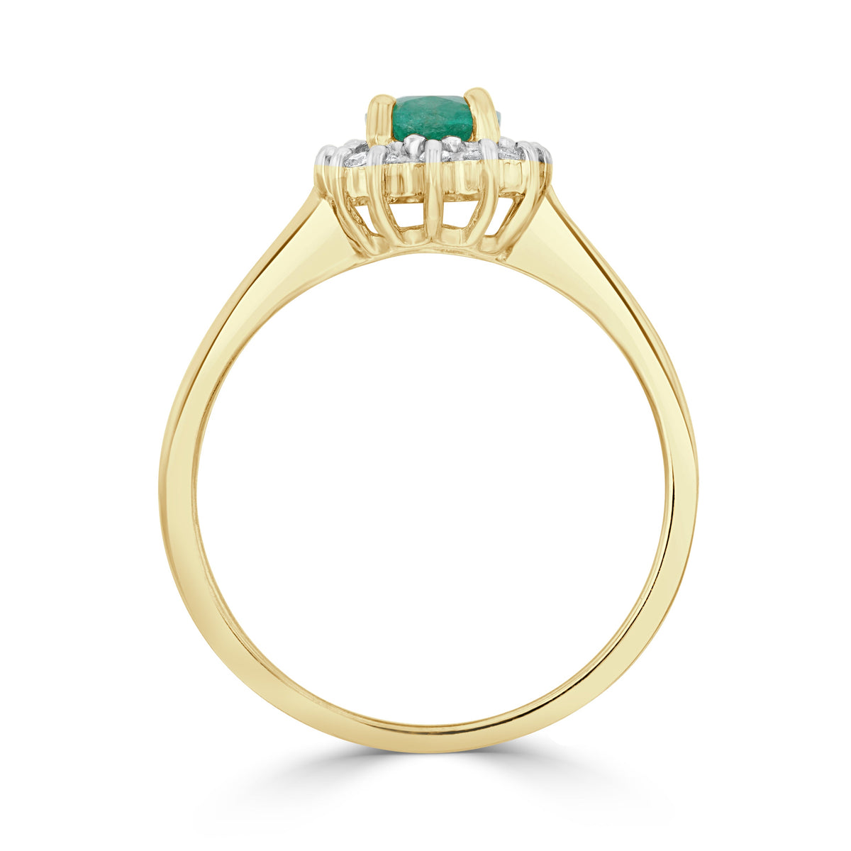 9ct Yellow Gold Oval Natural Emerald and Diamond Claw Set Cluster Ring — 7x5mm