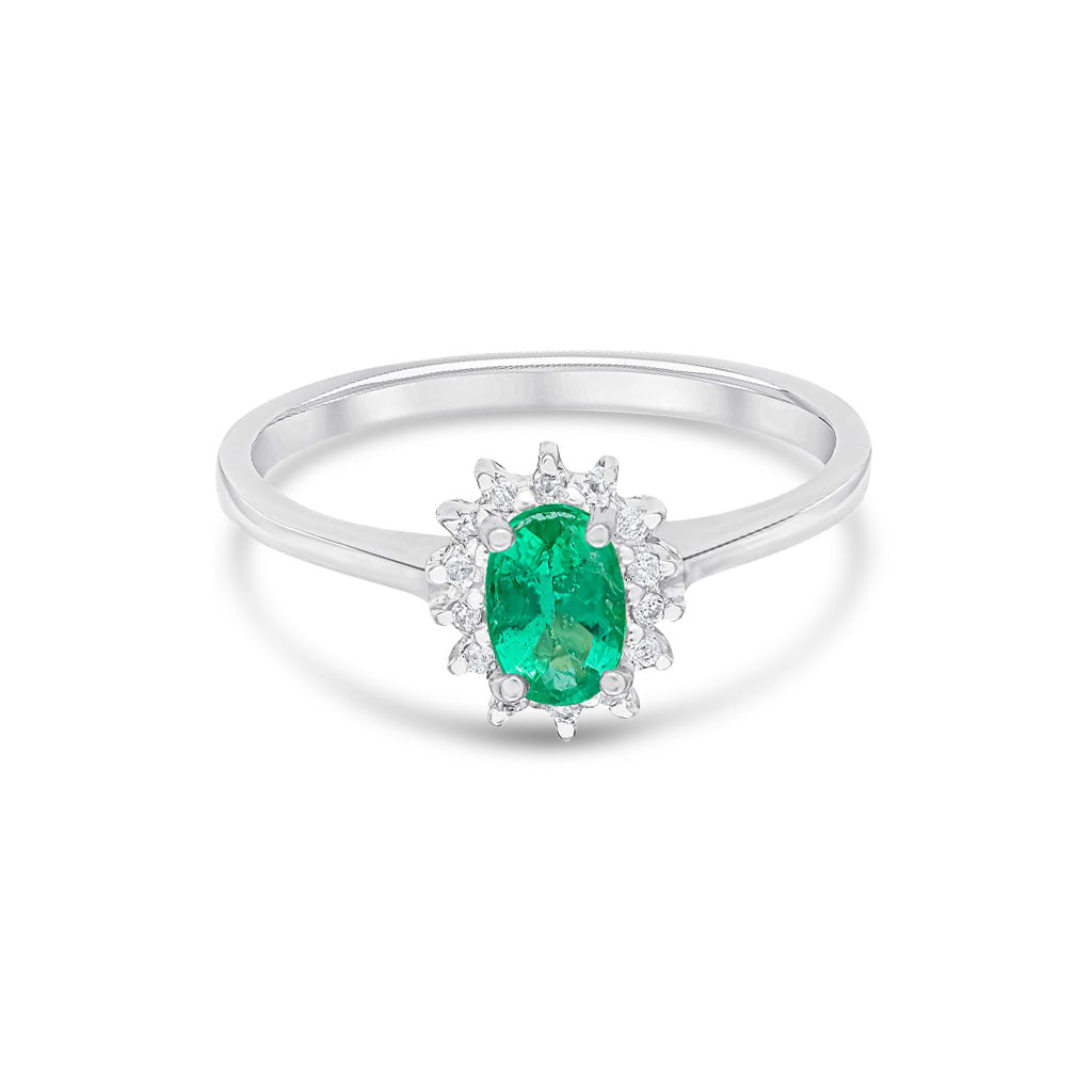 9ct White Gold Oval Emerald & Diamond Claw Set Cluster Ring — 6x4mm