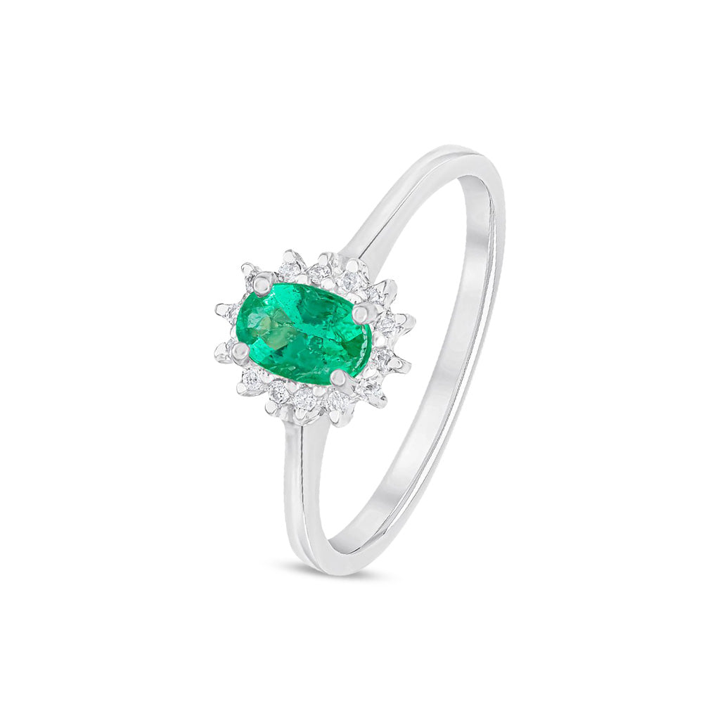 9ct White Gold Oval Emerald & Diamond Claw Set Cluster Ring — 6x4mm