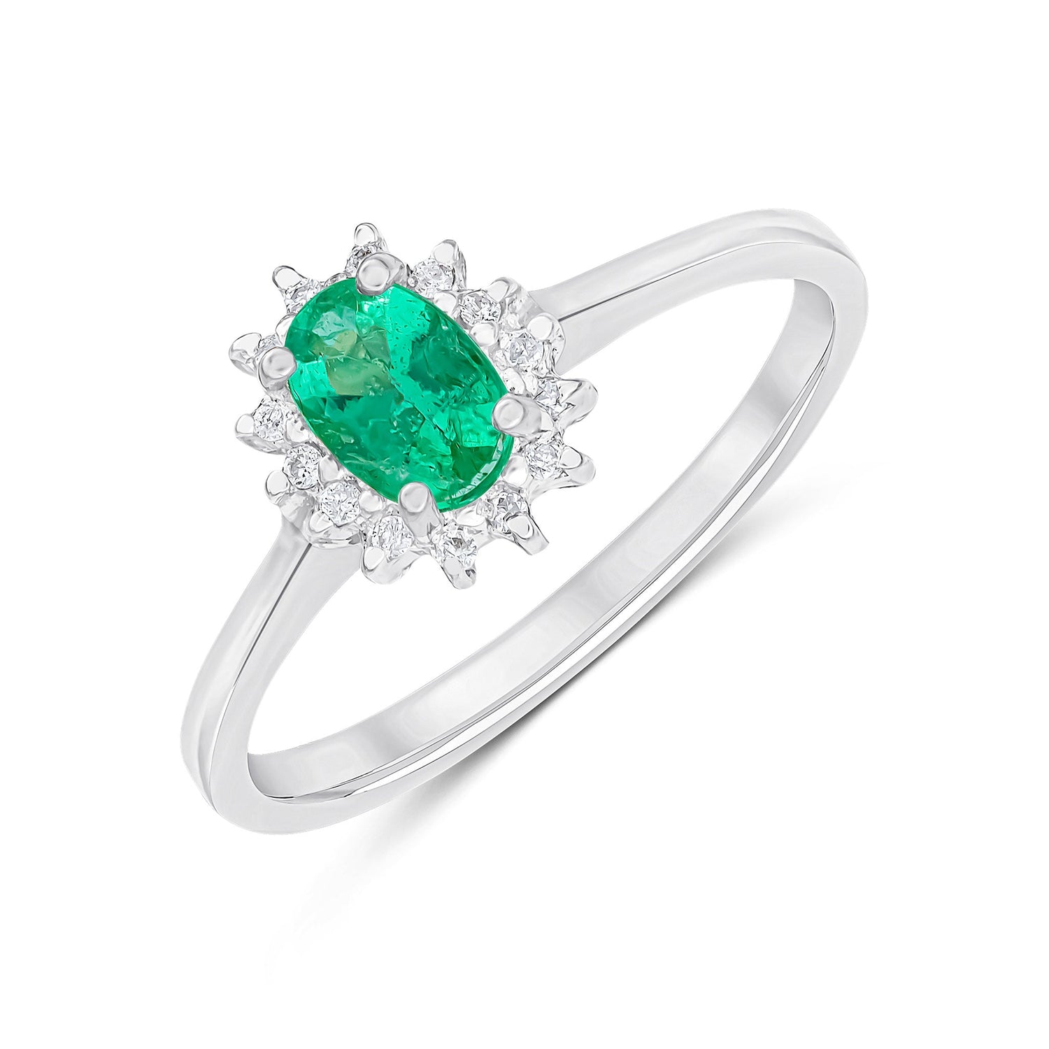 9ct White Gold Oval Emerald & Diamond Claw Set Cluster Ring — 6x4mm