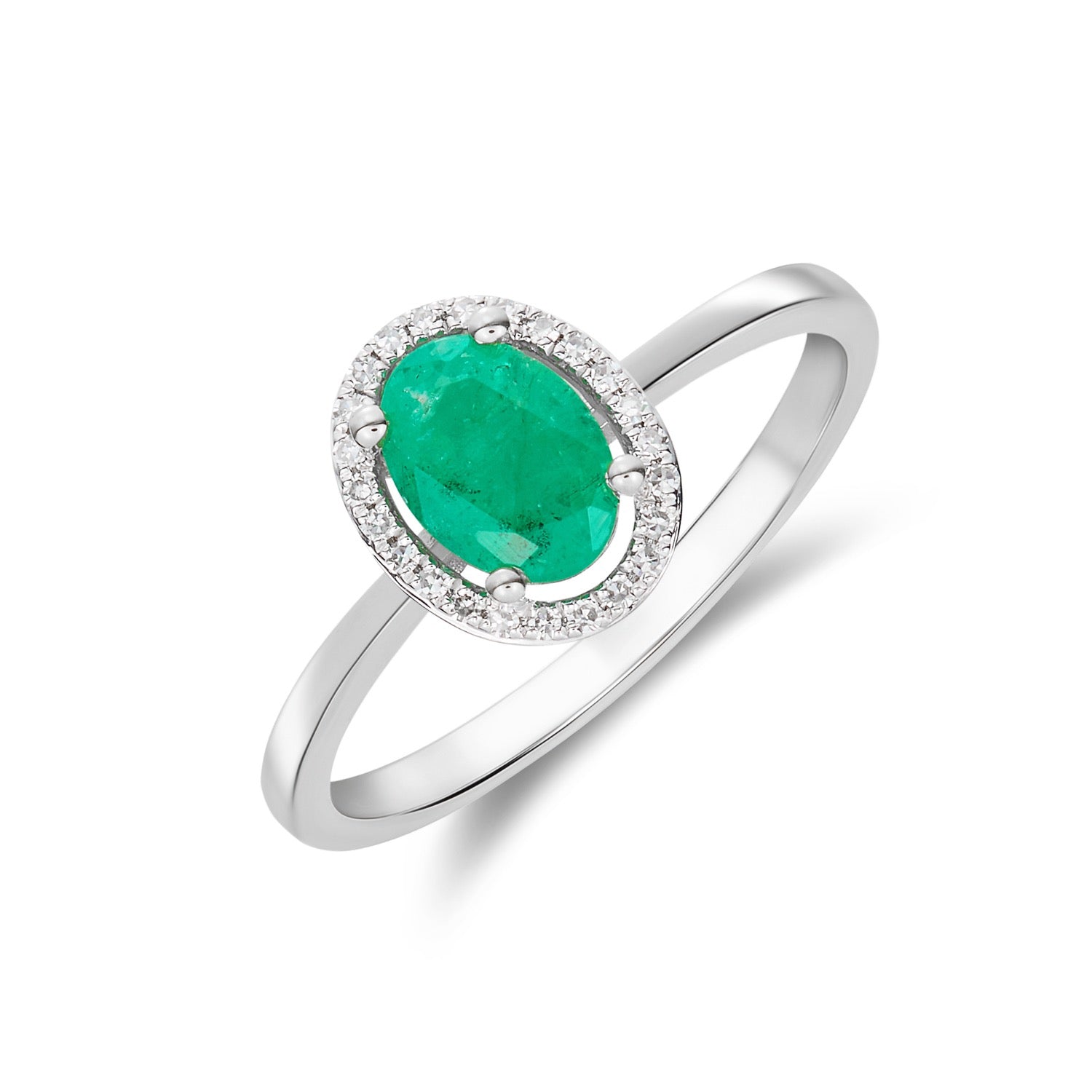 9ct White Gold Oval Natural Emerald and Diamond Halo Cluster Ring — 7x5mm