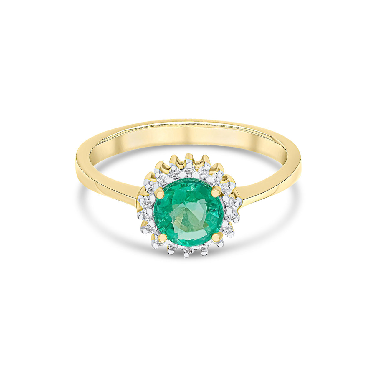 9ct Yellow Gold Round Natural Emerald and Diamond Cluster Ring