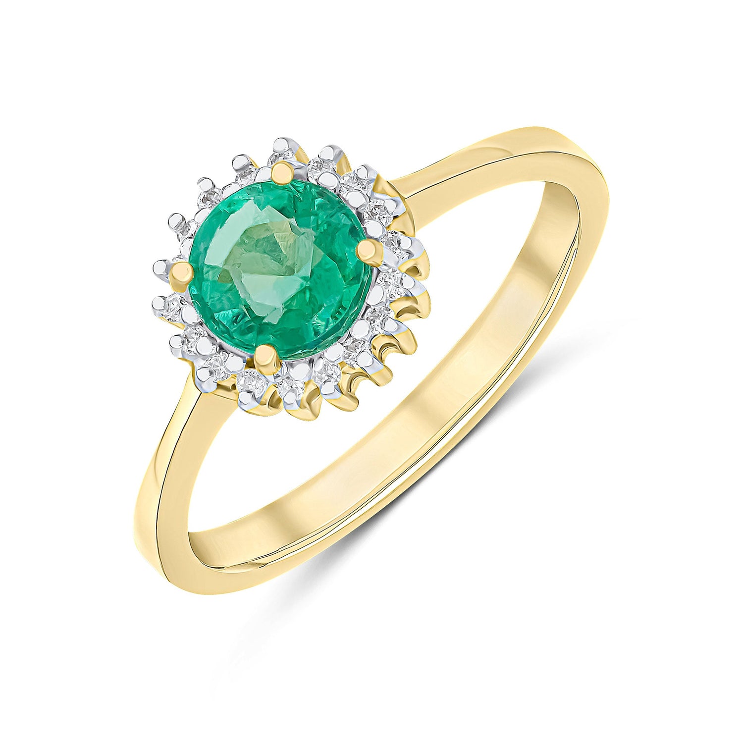 9ct Yellow Gold Round Natural Emerald and Diamond Cluster Ring — 6mm