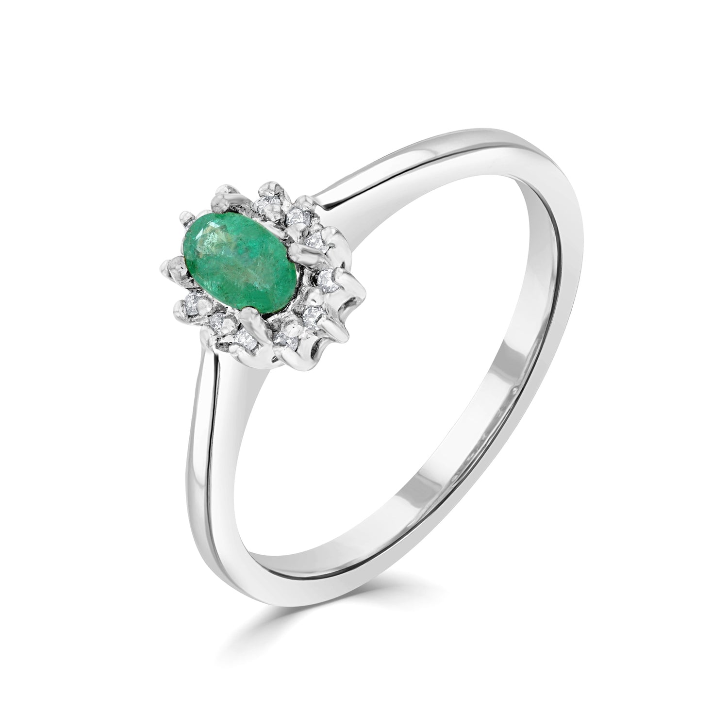 9ct White Gold Oval Natural Emerald and Diamond Claw Set Cluster Ring — 5x3mm