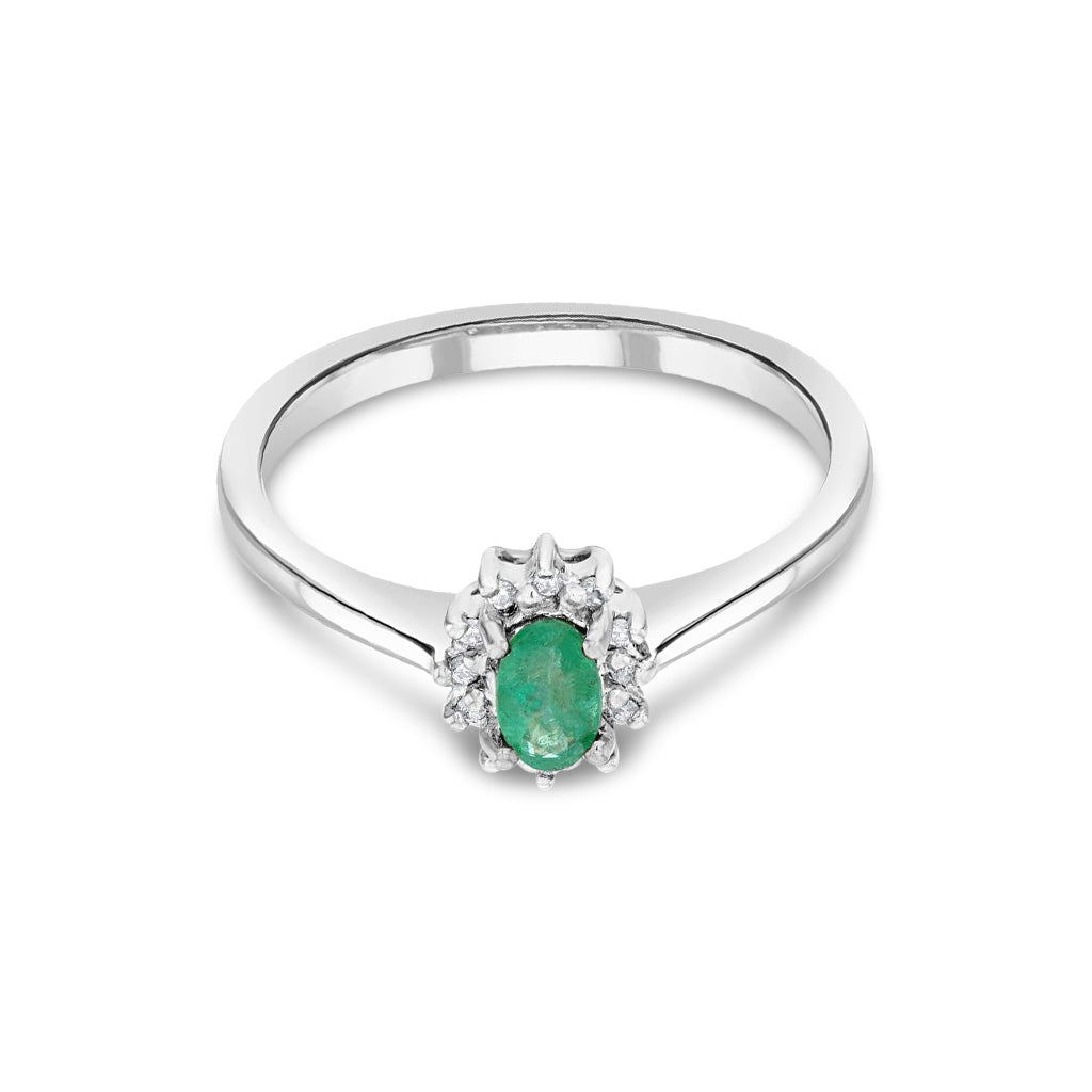 9ct White Gold Oval Natural Emerald and Diamond Claw Set Cluster Ring — 5x3mm