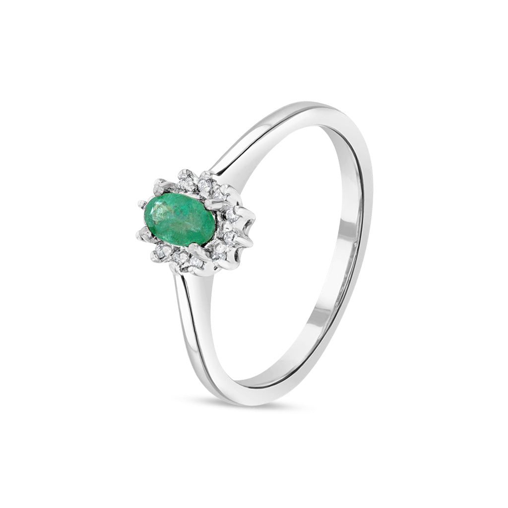 9ct White Gold Oval Natural Emerald and Diamond Claw Set Cluster Ring — 5x3mm