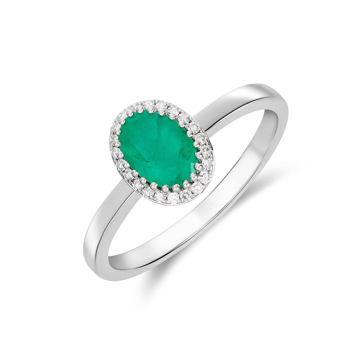 9ct White Gold Oval Natural Emerald and Diamond Cluster Ring — 7x5mm