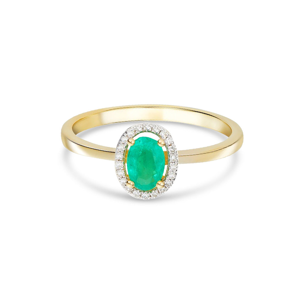 9ct Yellow Gold Oval Natural Emerald and Round Diamond Halo Cluster Ring — 6x4mm