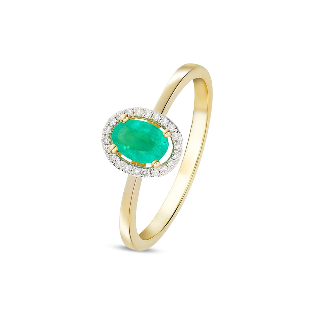 9ct Yellow Gold Oval Natural Emerald and Round Diamond Halo Cluster Ring — 6x4mm