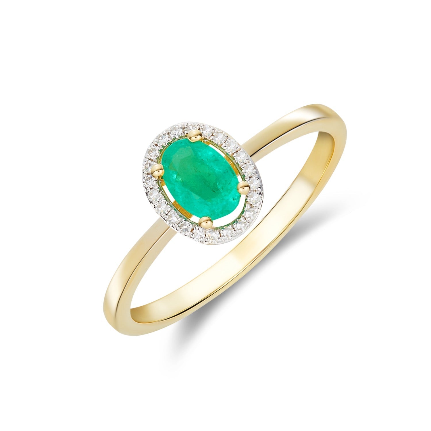 9ct Yellow Gold Oval Emerald & Round Diamond Halo Cluster Ring — 6x4mm