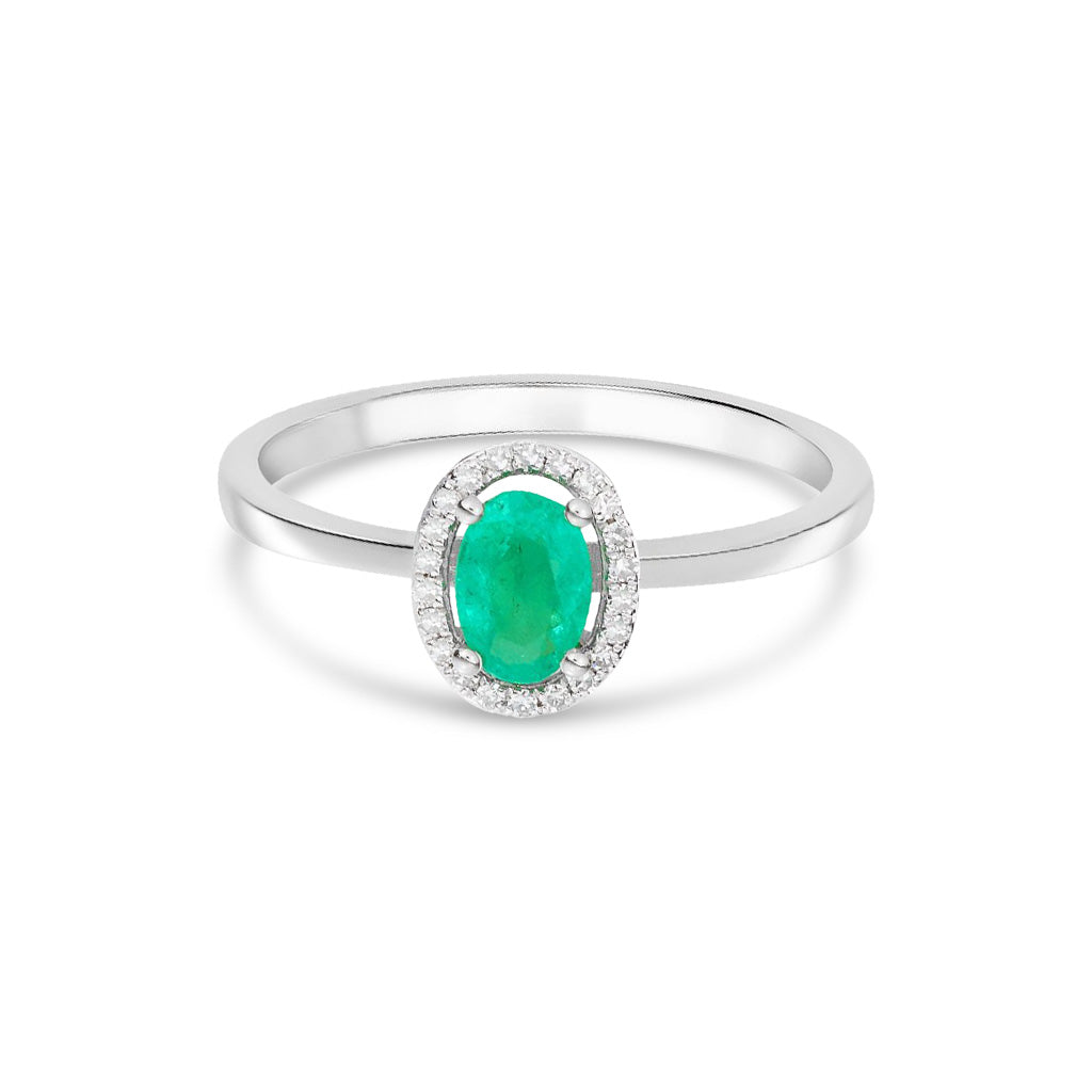 9ct White Gold Oval Natural Emerald and Round Diamond Halo Cluster Ring — 6x4mm