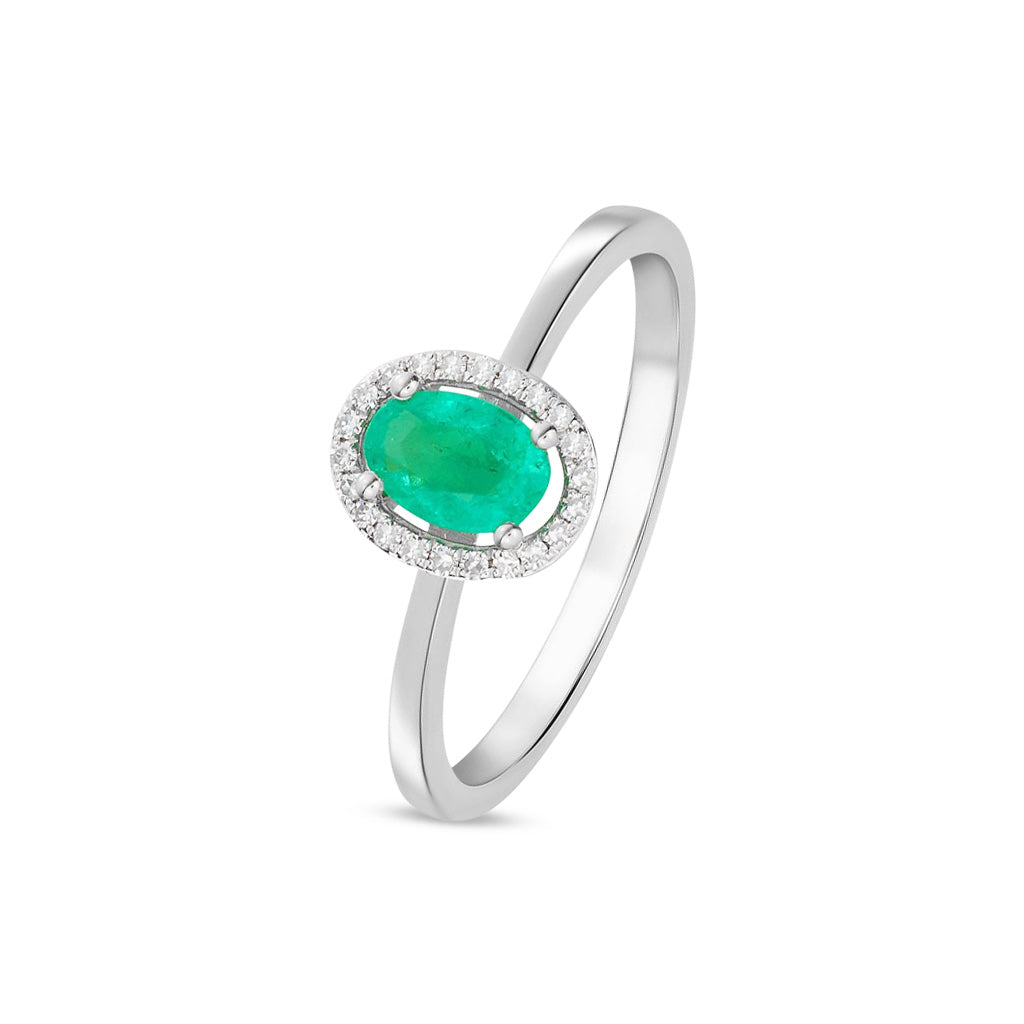 9ct White Gold Oval Natural Emerald and Round Diamond Halo Cluster Ring — 6x4mm