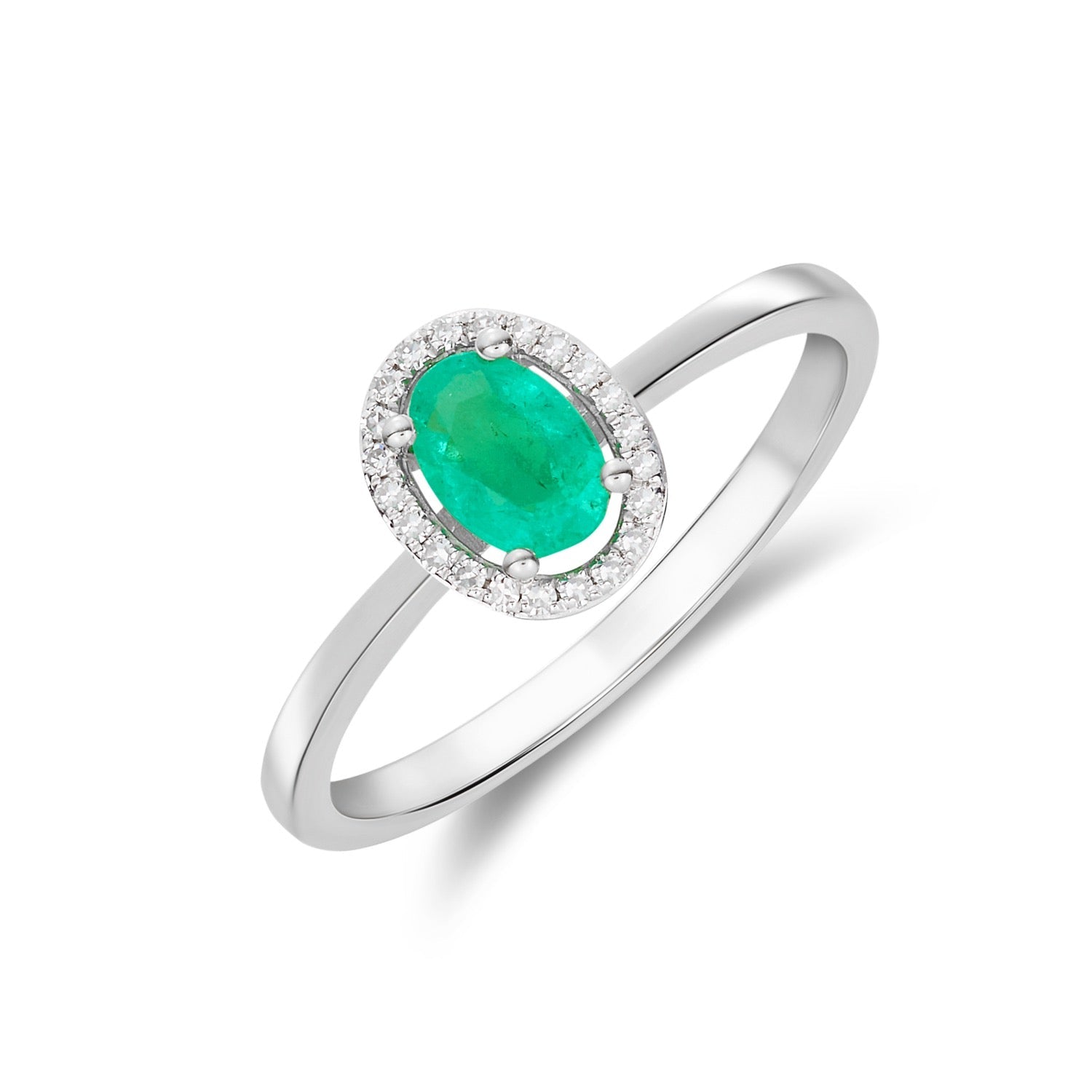 9ct White Gold Oval Emerald & Round Diamond Halo Cluster Ring — 6x4mm