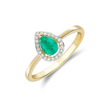 9ct Yellow Gold Pear Shaped Natural Emerald & Natural Diamond Halo Cluster Ring — 6×4mm