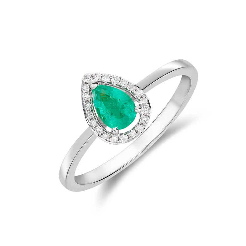 9ct White Gold Pear Shaped Natural Emerald & Natural Diamond Halo Cluster Ring — 6×4mm