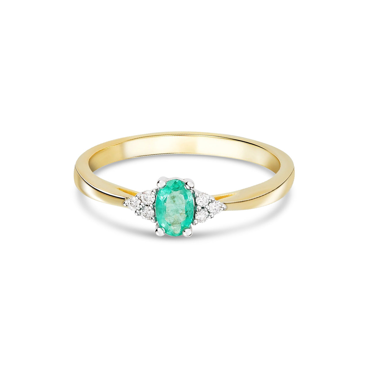 9ct Yellow Gold Oval Natural Emerald and Diamond Trefoil Ring — 6x4mm
