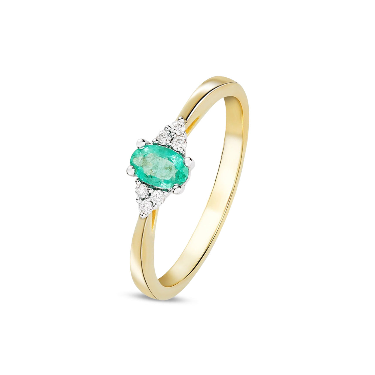 9ct Yellow Gold Oval Natural Emerald and Diamond Trefoil Ring — 6x4mm