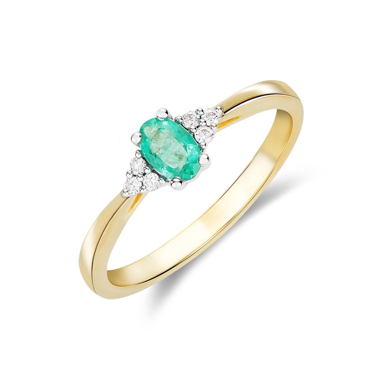9ct Yellow Gold Oval Natural Emerald and Diamond Trefoil Ring — 6x4mm