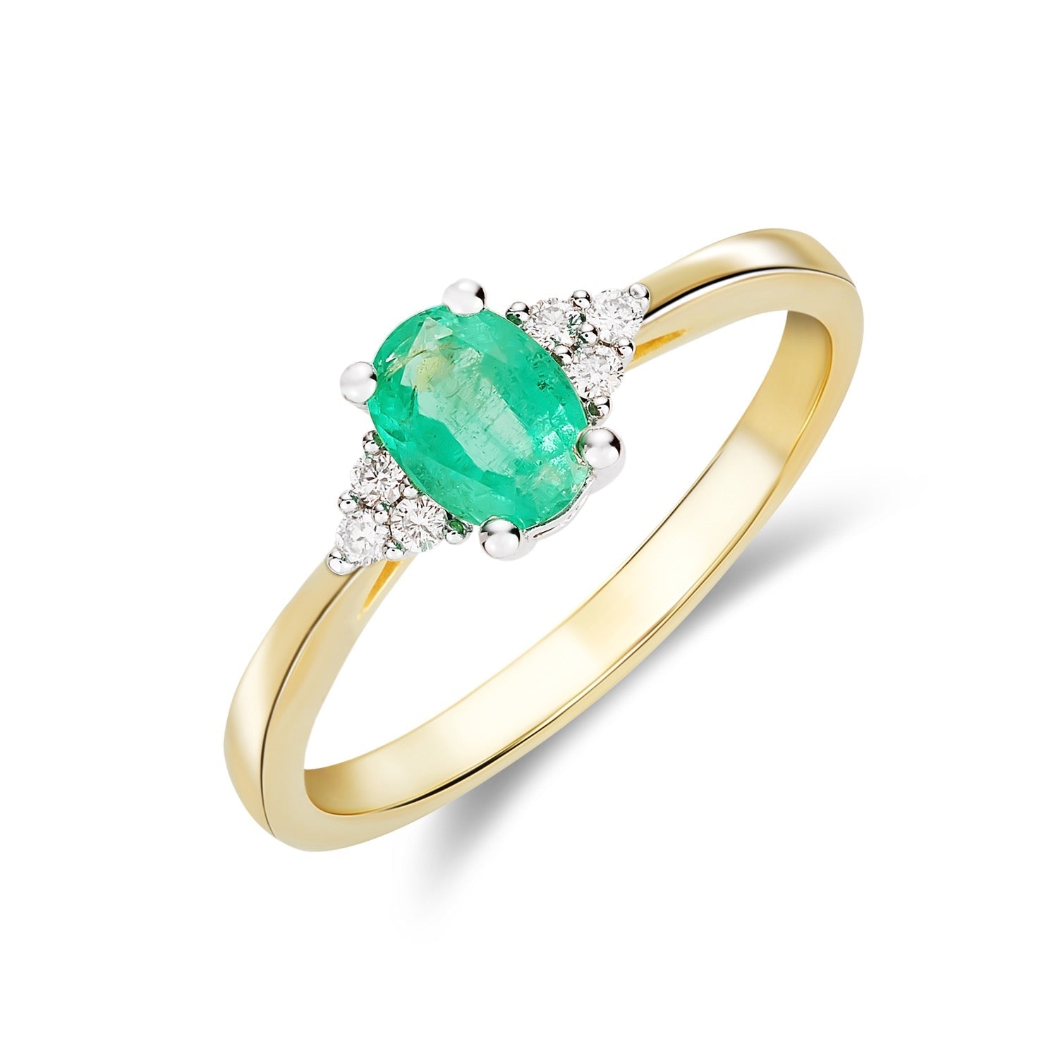 9ct Yellow and White Gold Oval Natural Emerald & Diamond Trefoil Shoulder Claw Set Ring — 7x5mm