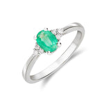 9ct White Gold Oval Natural Emerald & Natural Diamond Trefoil Ring — 7×5mm
