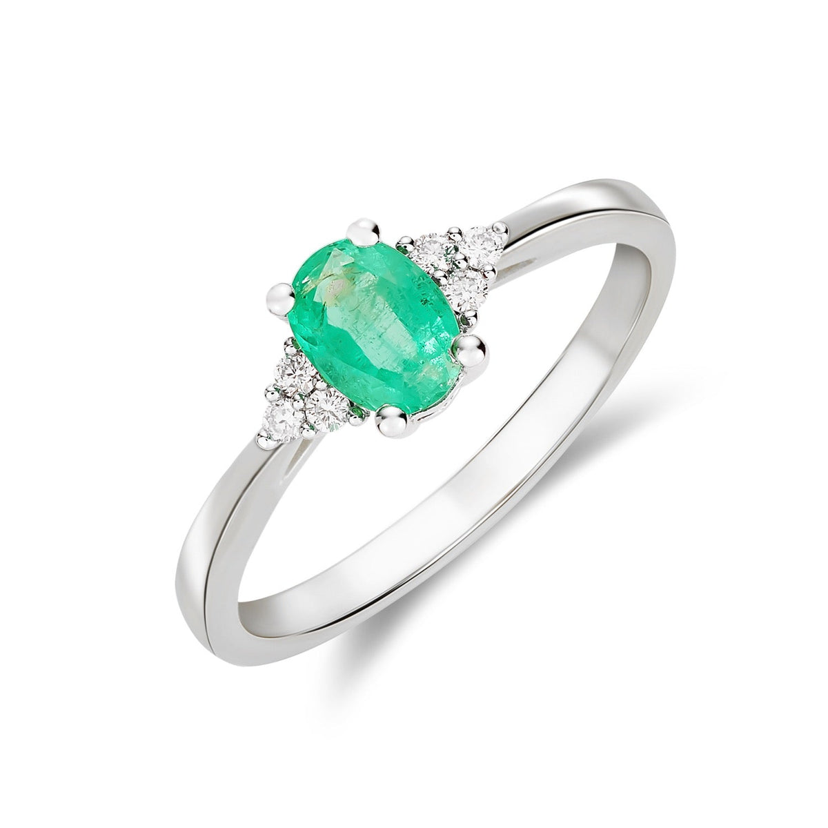 9ct White Gold Oval Natural Emerald & Natural Diamond Trefoil Ring — 7×5mm