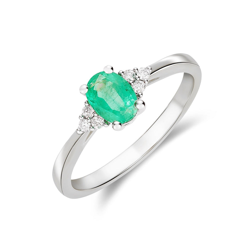 9ct White Gold Oval Natural Emerald & Natural Diamond Trefoil Ring — 7×5mm