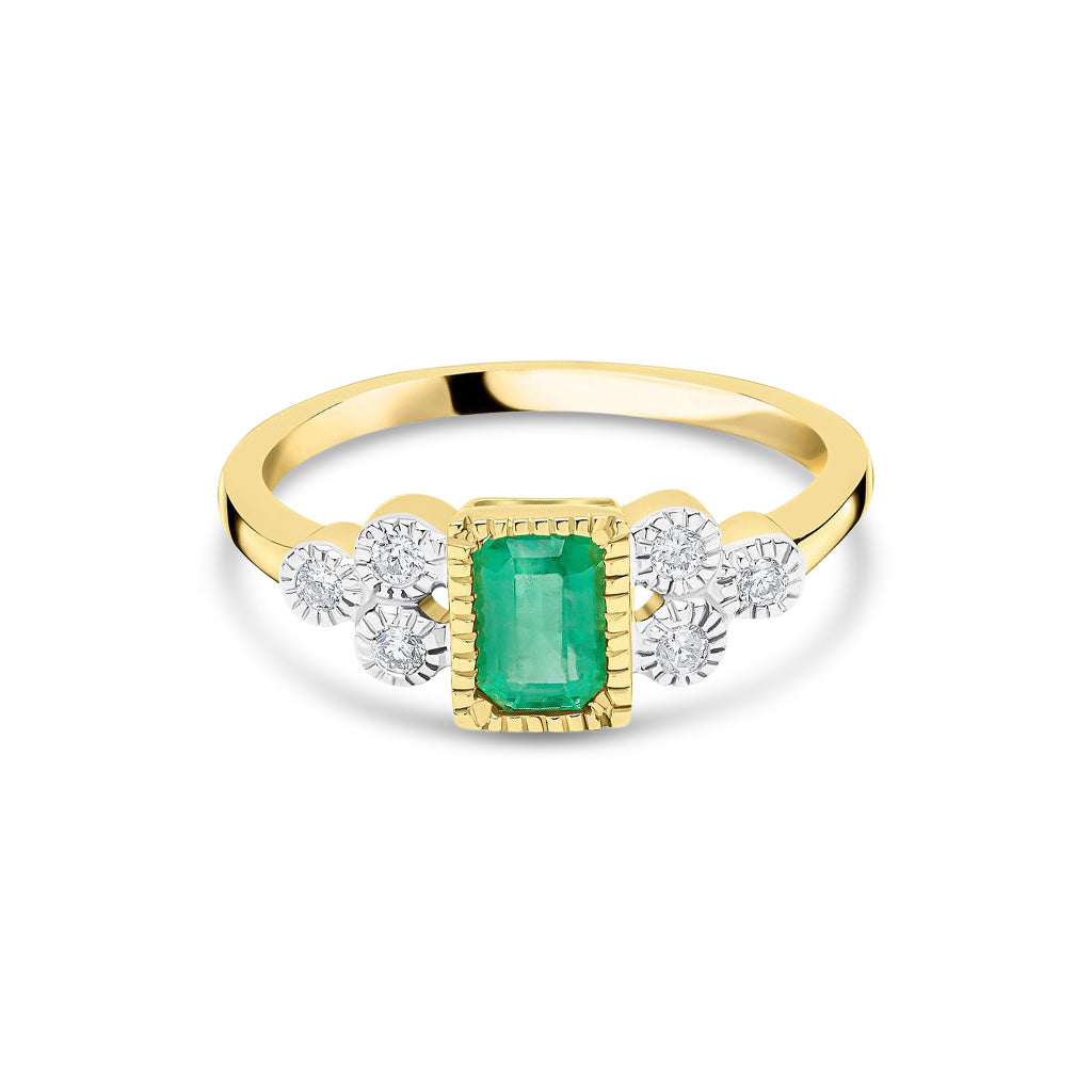 9ct Yellow Gold Octagonal Emerald Cut Natural Emerald and Diamond Millegrain Trefoil Ring — 6x4mm
