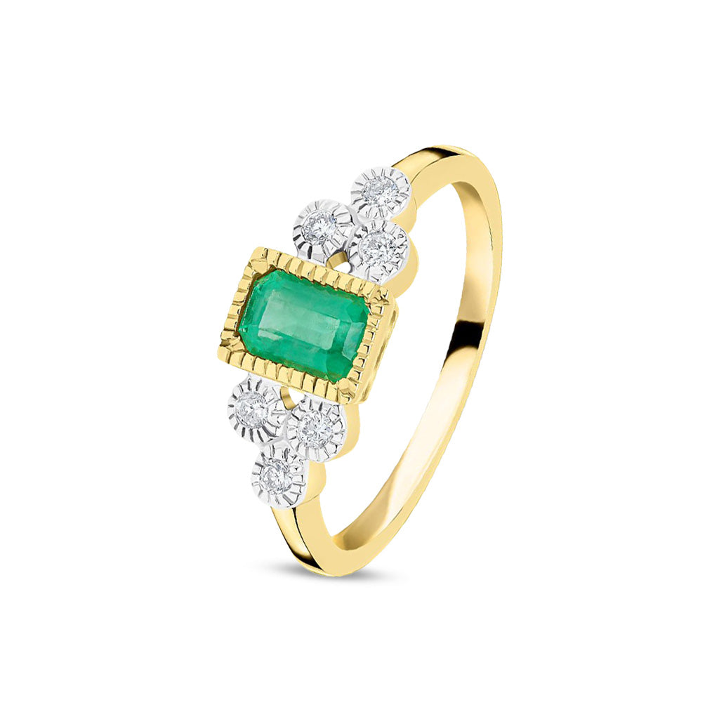 9ct Yellow Gold Octagonal Emerald Cut Natural Emerald and Diamond Millegrain Trefoil Ring — 6x4mm