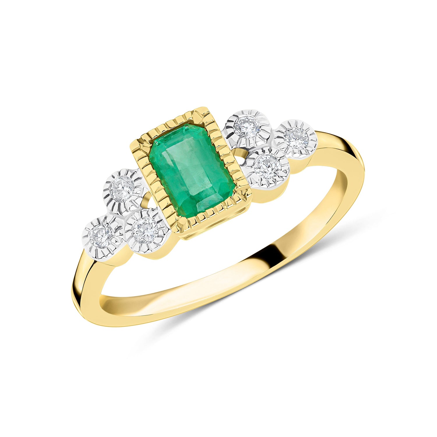 9ct Yellow Gold Emerald Cut Natural Emerald and Diamond Millegrain Trefoil Ring — 6x4mm