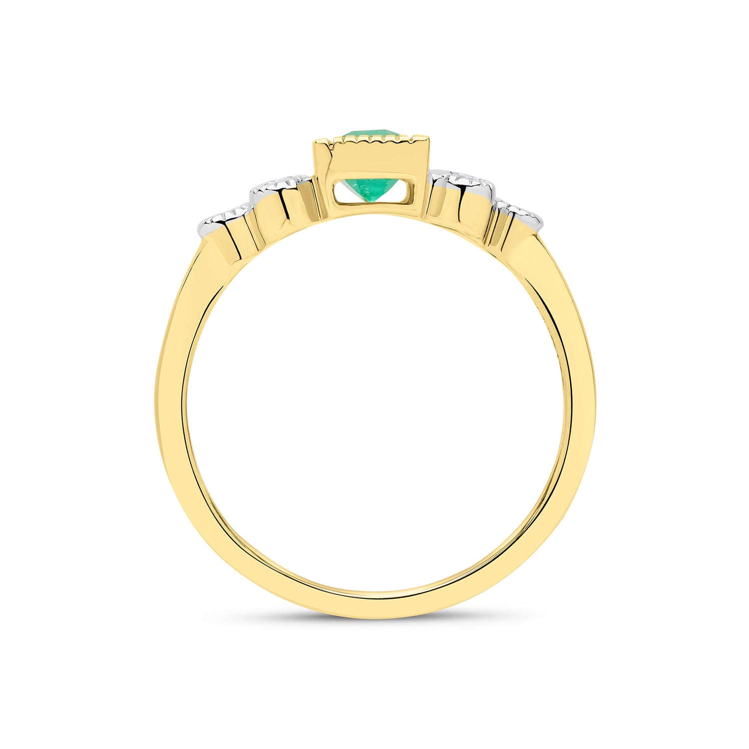 9ct Yellow Gold Emerald Cut Natural Emerald and Diamond Millegrain Trefoil Ring — 6x4mm