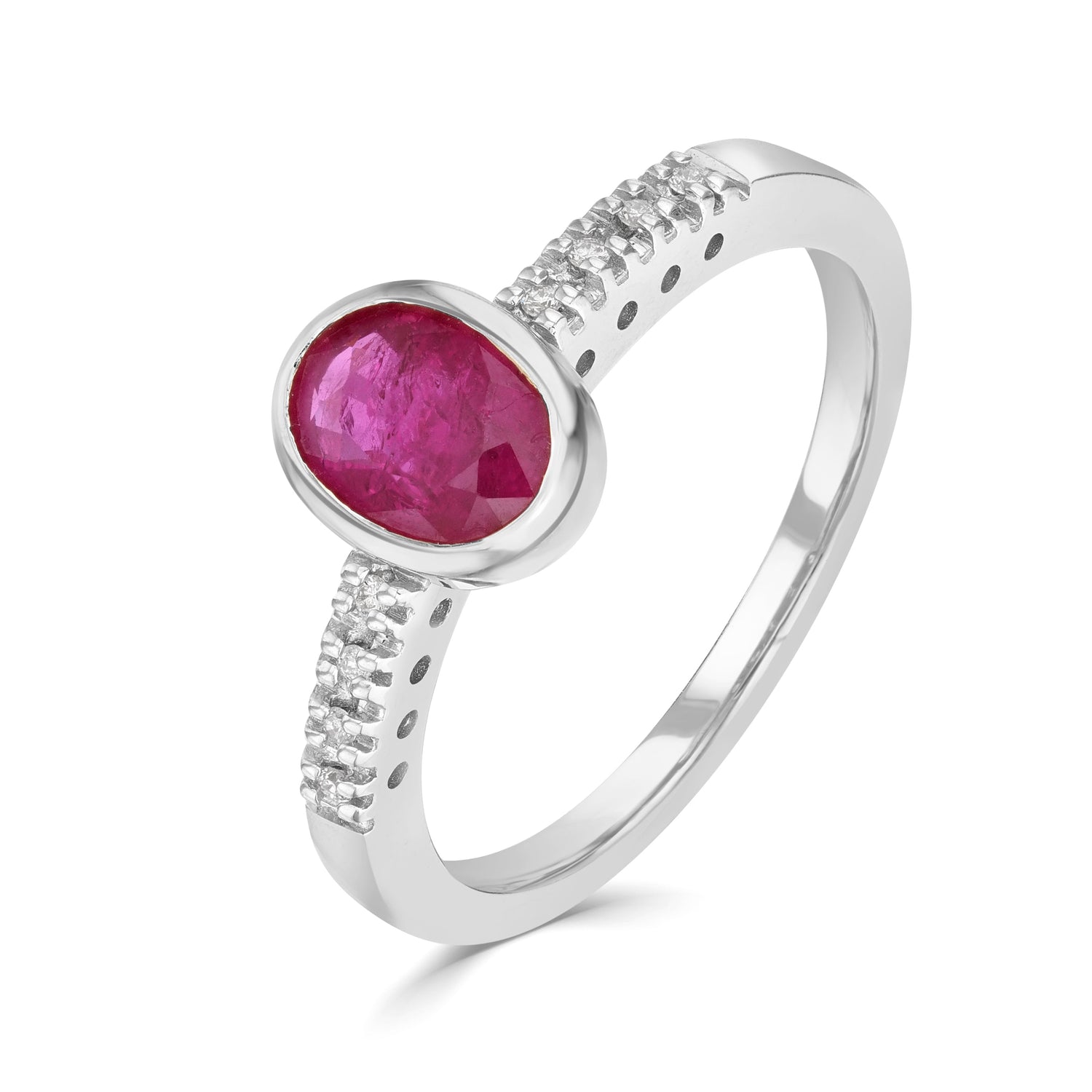 9ct White Gold Oval Natural Ruby Rubover Ring with Claw Set Diamond Shoulders — 7x5mm