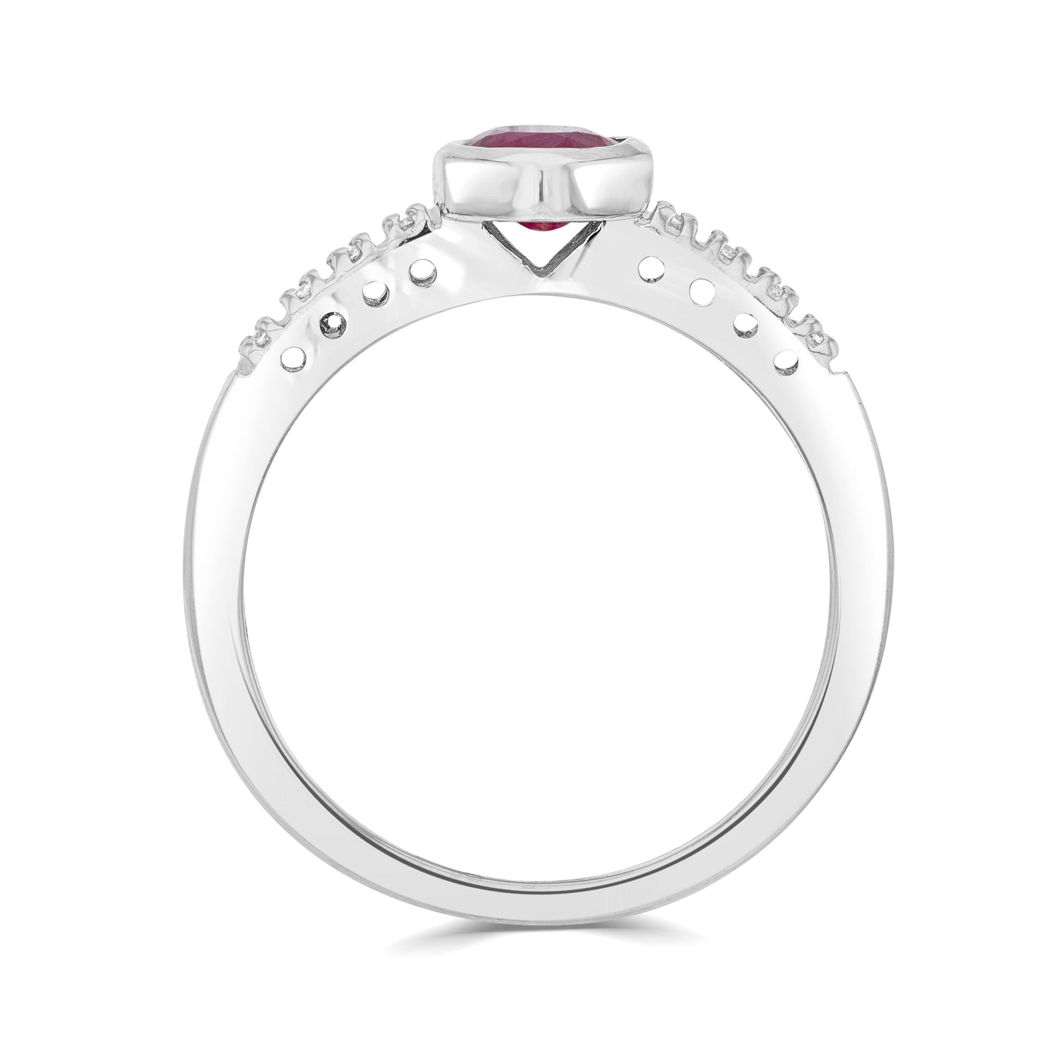 9ct White Gold Oval Natural Ruby Rubover Ring with Claw Set Diamond Shoulders — 7x5mm