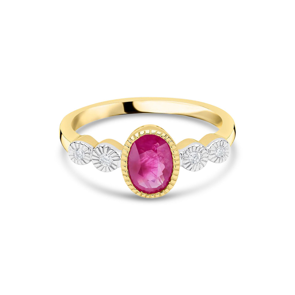 9ct Yellow Gold Oval Natural Ruby and Diamond Millegrain Ring — 7x5mm