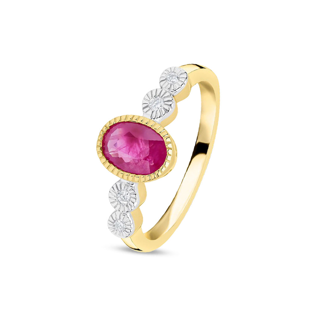 9ct Yellow Gold Oval Natural Ruby and Diamond Millegrain Ring — 7x5mm