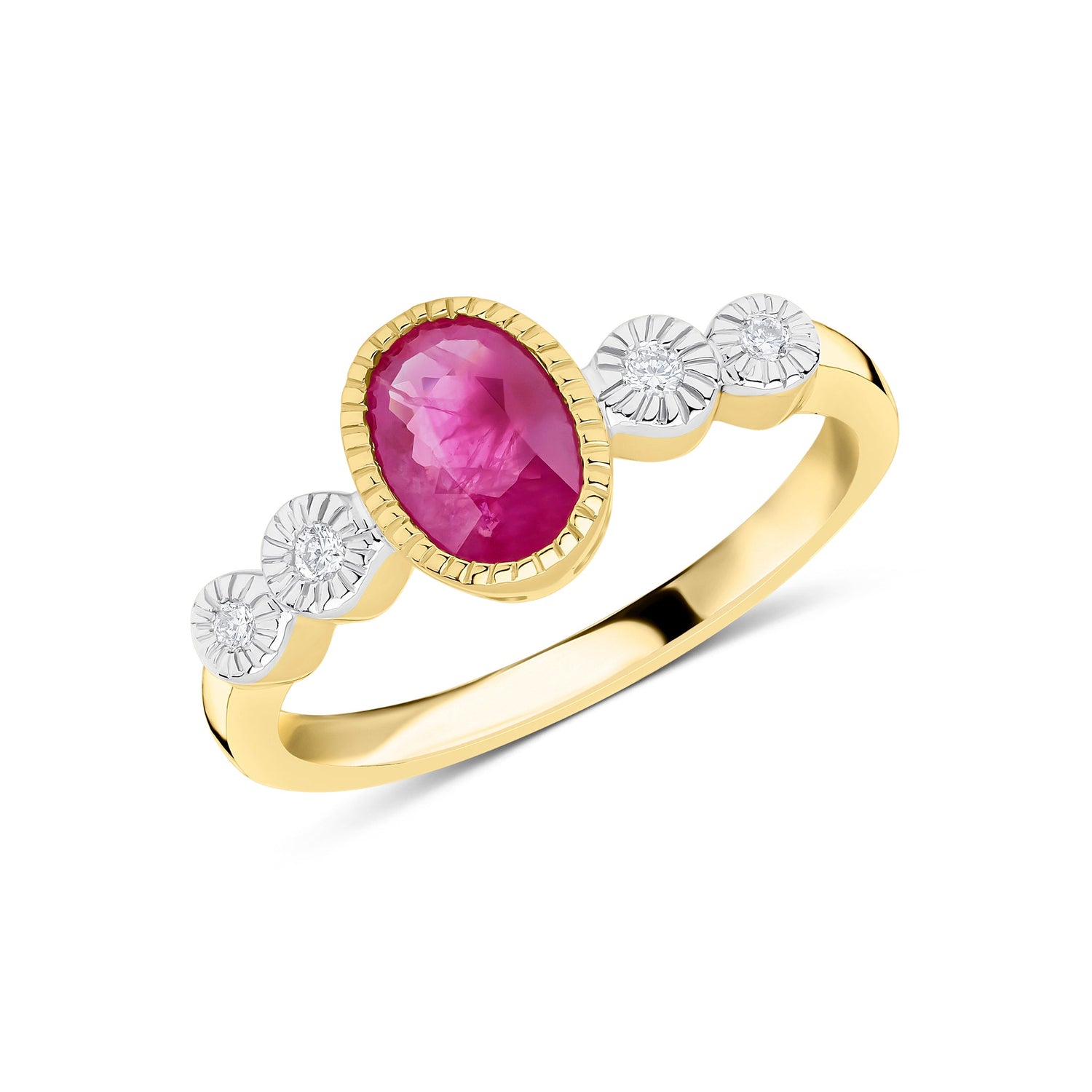 9ct Yellow Gold Oval Natural Ruby and Diamond Millegrain Ring — 7x5mm