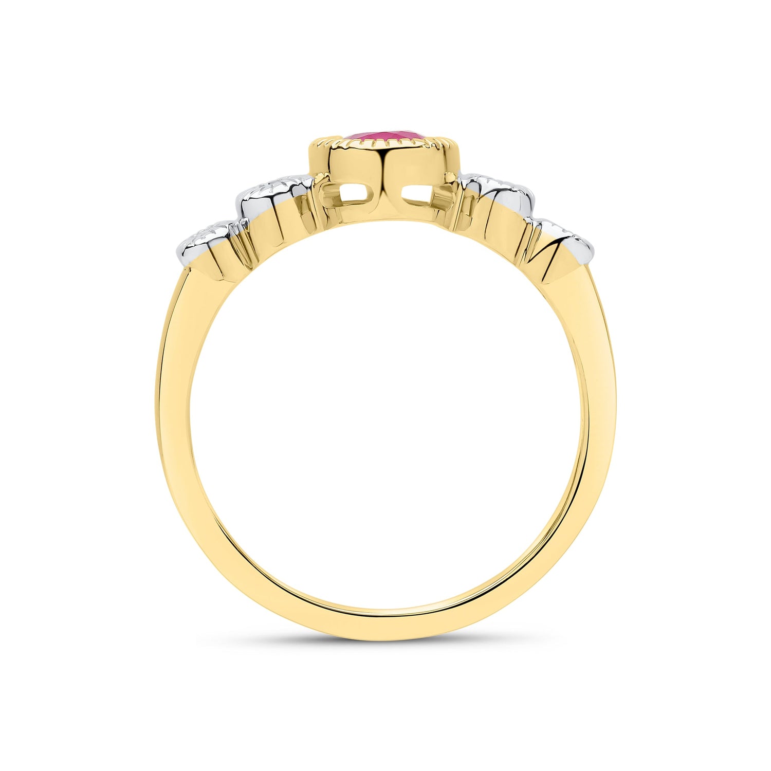 9ct Yellow Gold Oval Natural Ruby and Diamond Millegrain Ring — 7x5mm