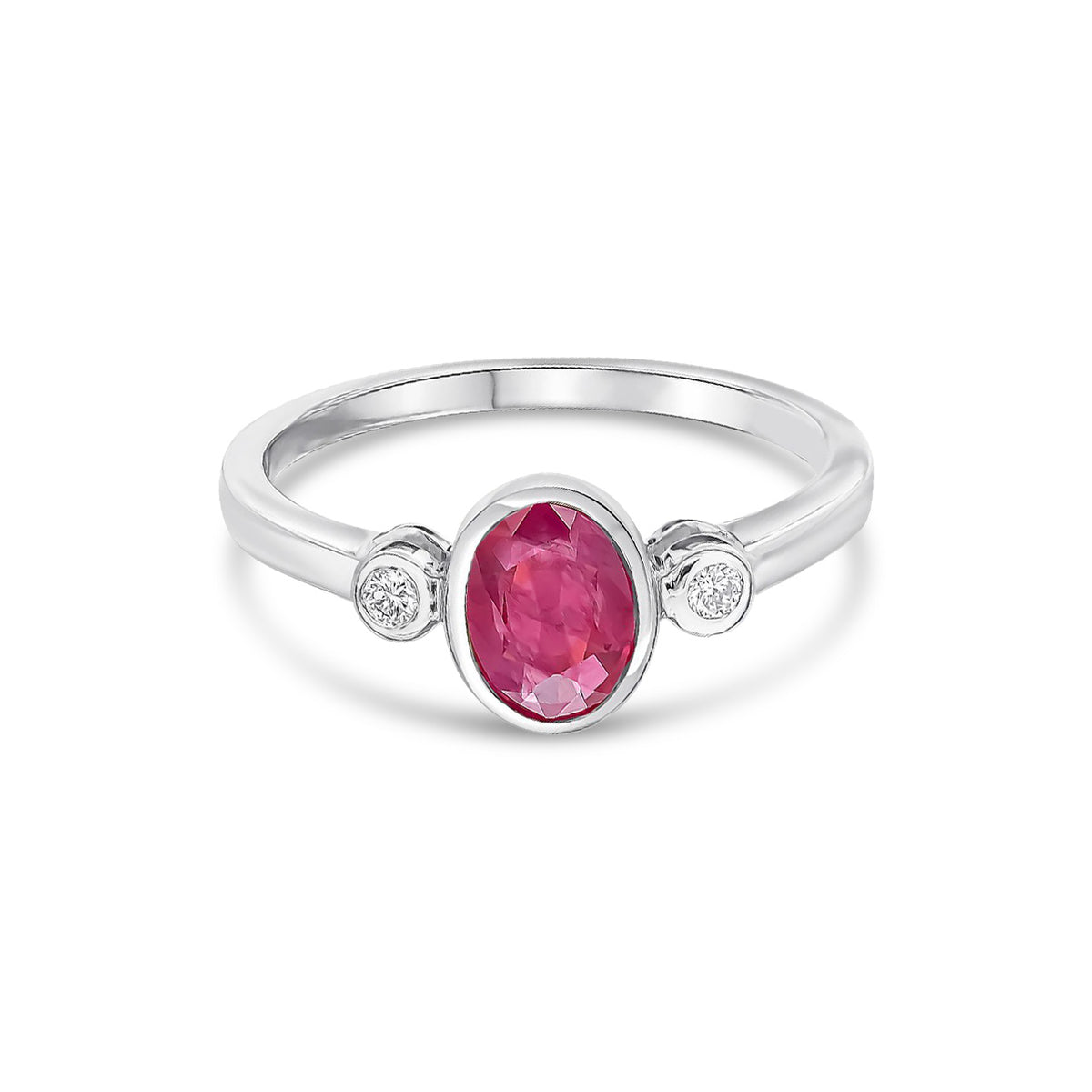 9ct White Gold Oval Natural Ruby and Diamond Three Stone Rubover Ring