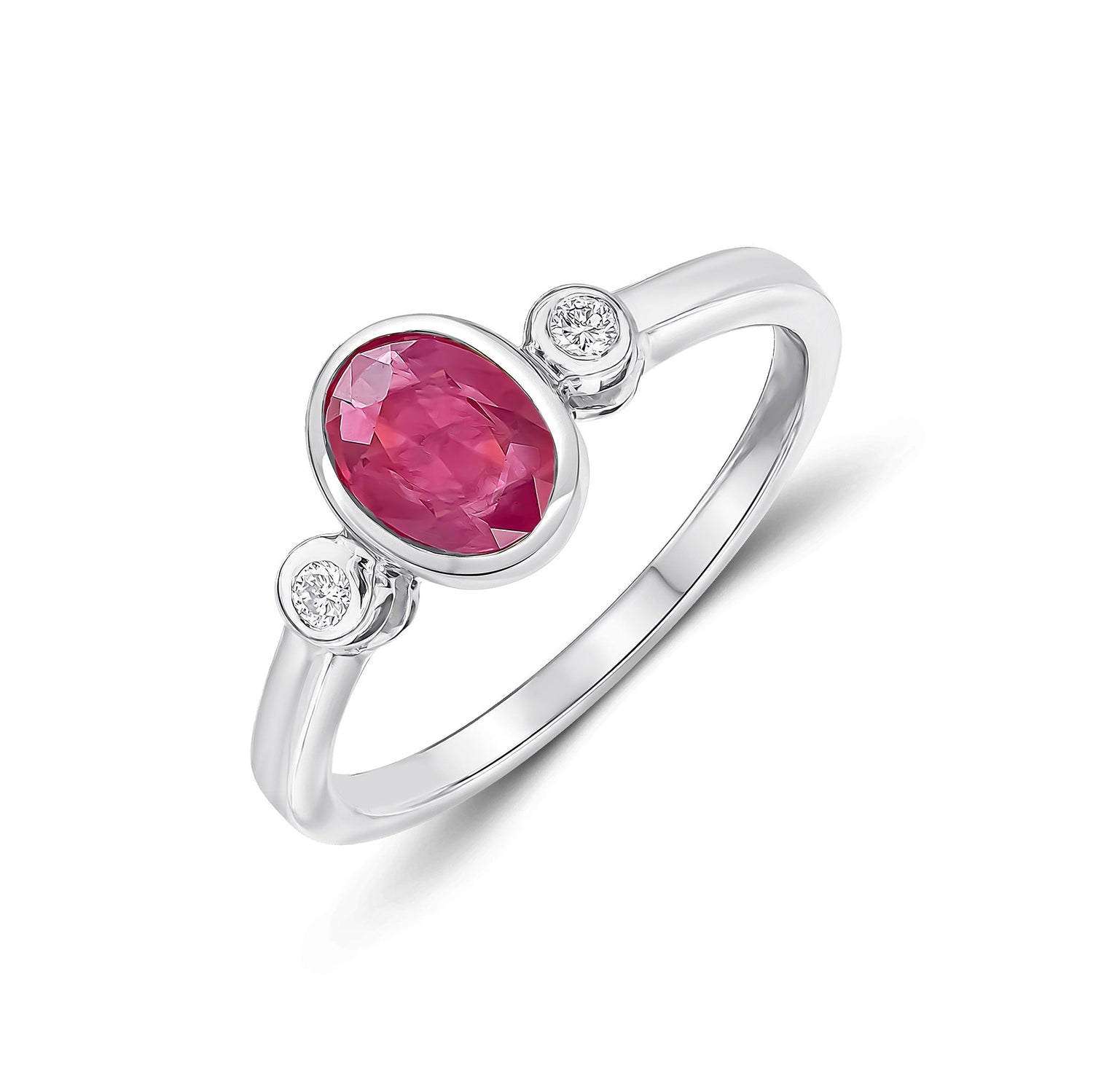 9ct White Gold Oval Ruby and Diamond Three Stone Rubover Ring