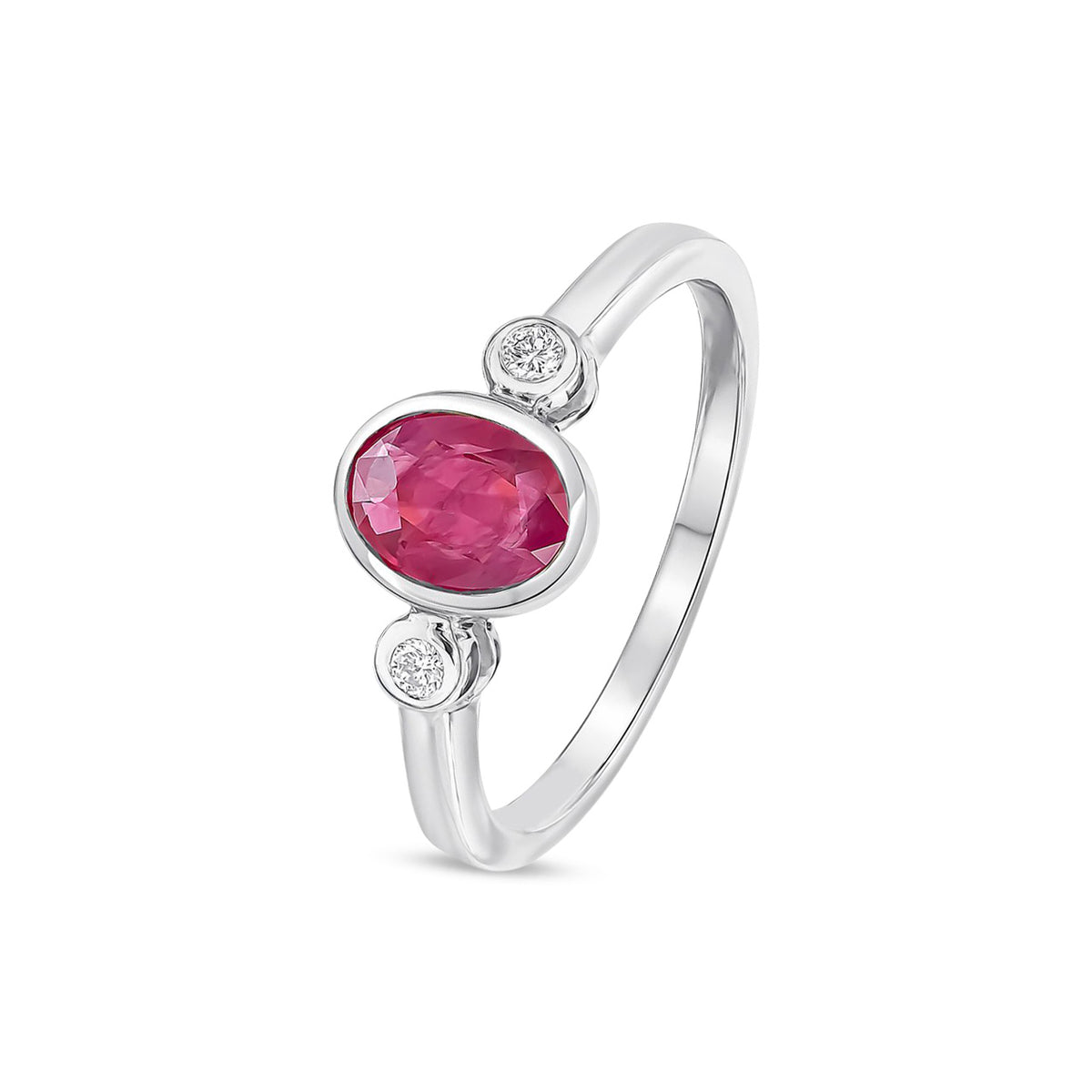 9ct White Gold Oval Natural Ruby and Diamond Three Stone Rubover Ring