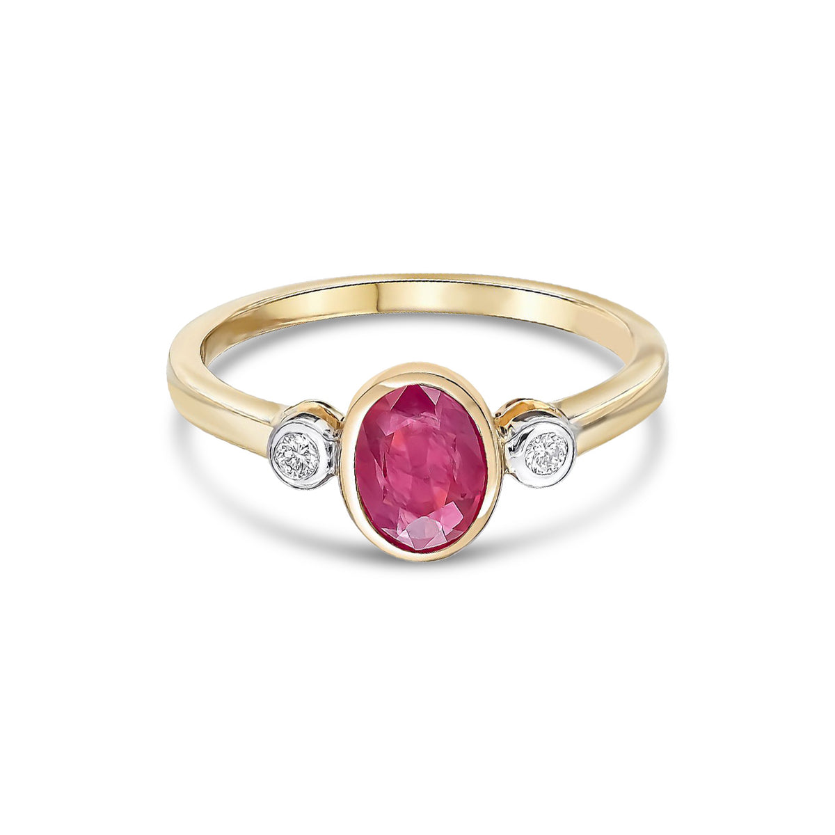 9ct Yellow Gold Oval Natural Ruby and Diamond Three Stone Rubover Ring