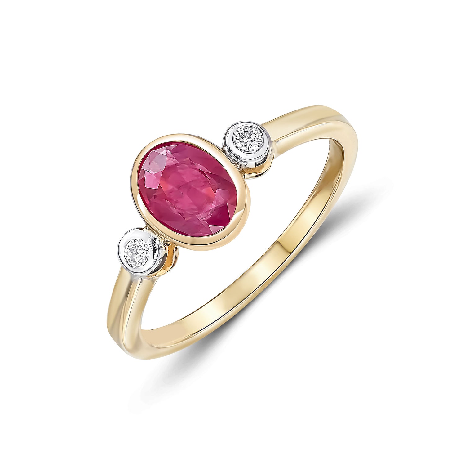 9ct Yellow Gold Oval Natural Ruby and Diamond Three Stone Rubover Ring